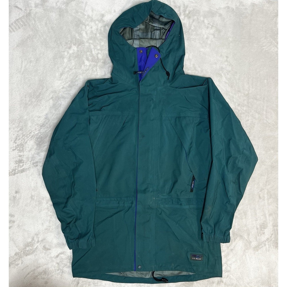 Vintage 90s L.L. Bean Green Teal Full Zip Hooded Rain Wind Jacket Men's L